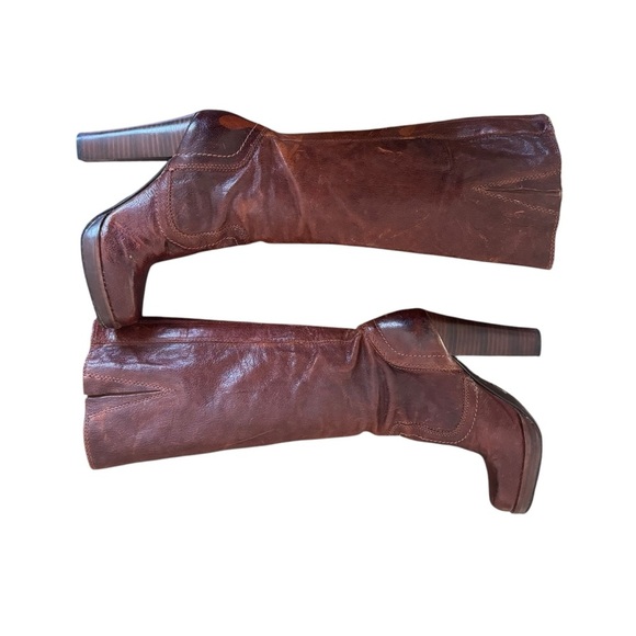 Frye - Donna Snap Tall Heeled Brown Leather Y2K Vintage Riding Boots Sz 7.5 - Picture 6 of 9